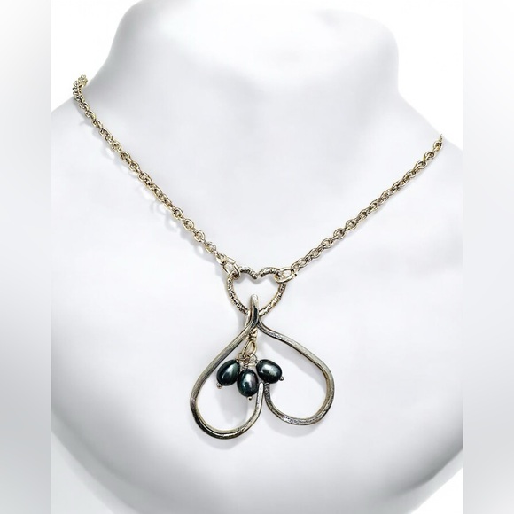 Artisan Jewelry - Upcycled Fork Heart Pendant Necklace With Dangling Baroque Pearls & Silver Chain